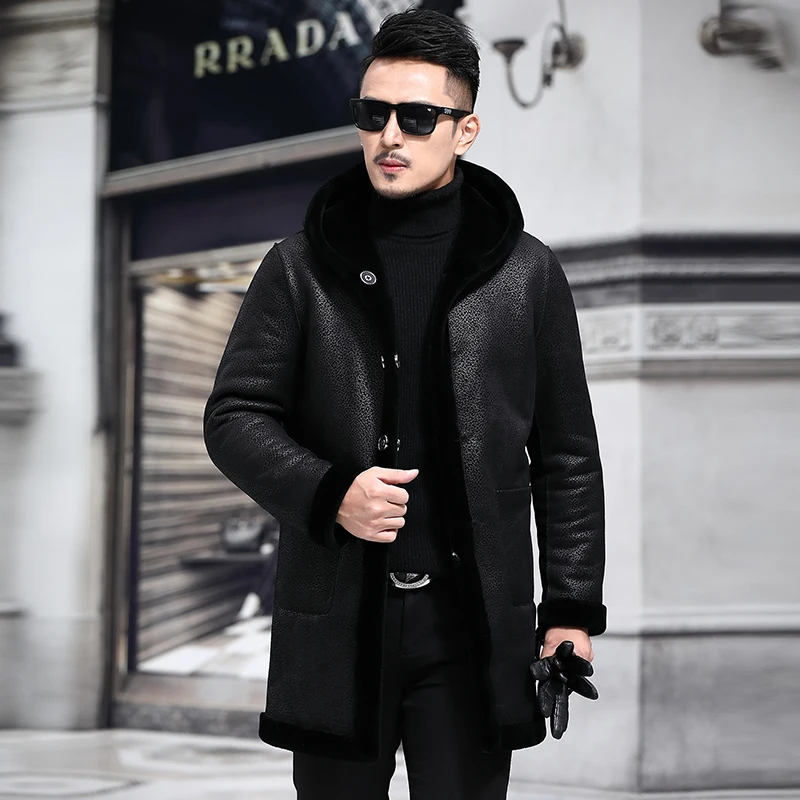 2018 new Haining fur men's double faced sheep's sheared coat medium length leather jacket male P1180 | Мужская одежда