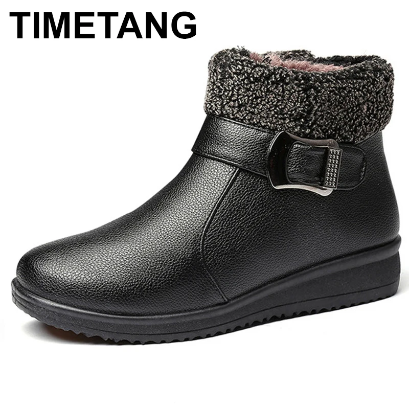 

TIMETANG Women Winter Boots Warm Leather Snow Ankle Boots Female Shoes Plush Insole Waterproof Buckle Strap Boots E159