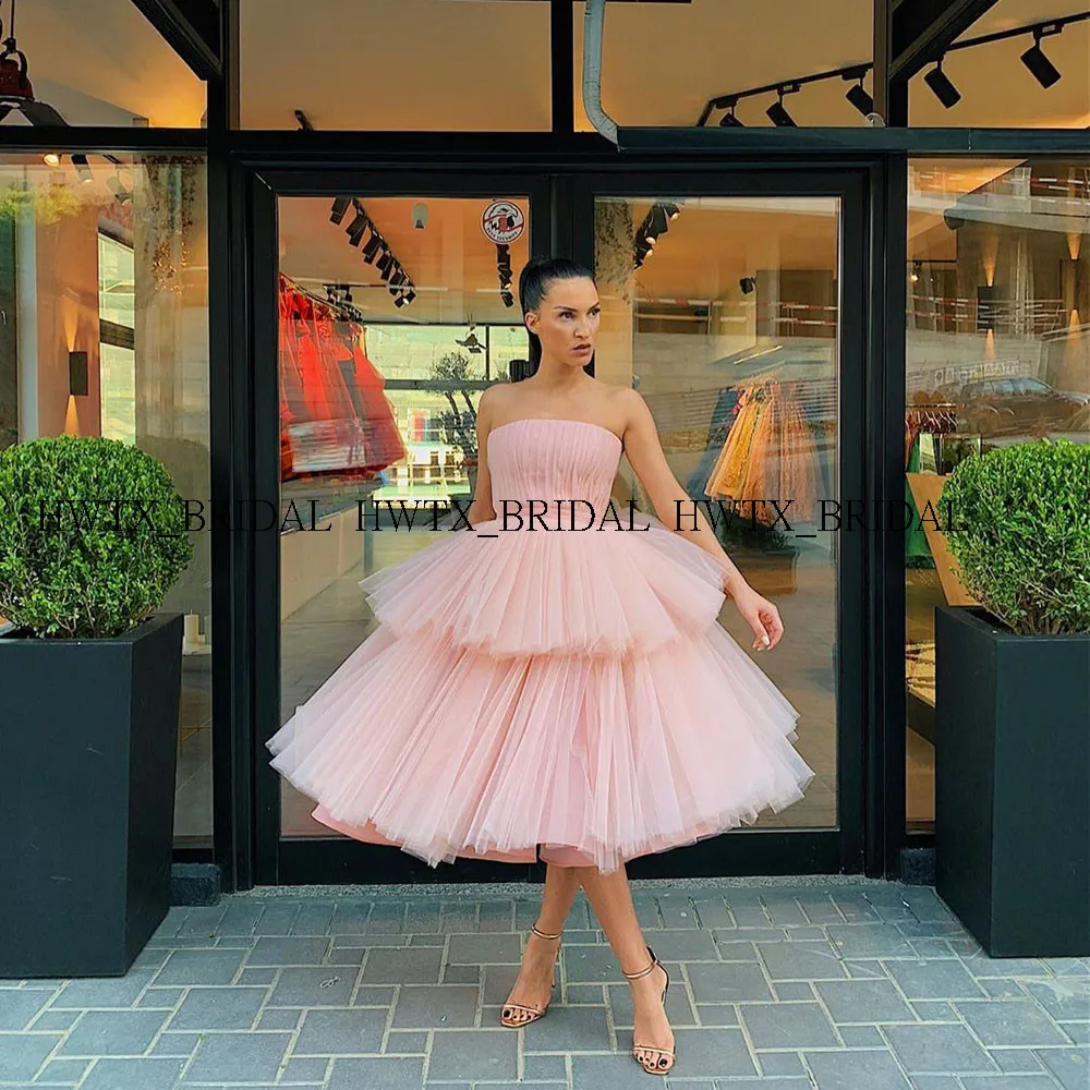 

1950s Keen Length Pink Prom Dresses 2019 Strapless Tiered Skirts Tulle Puffy Ball Gown Formal Party Gowns Vestidos de fiesta