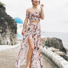 Hcbless Для женщин S Разделение Boho Юбки для женщин Наборы для ухода за кожей шифон Богемия Юбки для женщин с открытыми плечами жилет Для женщин Высококачественная брендовая одежда пляжная юбка