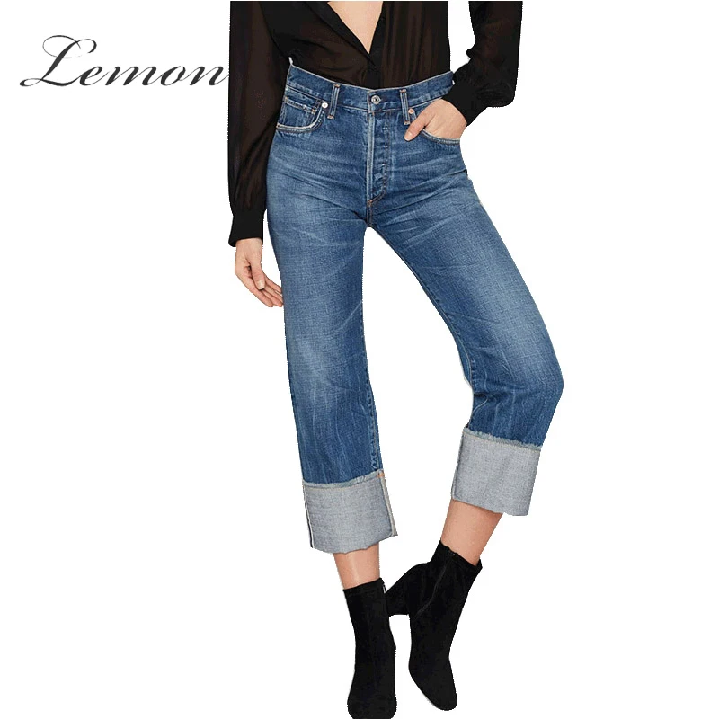 

Lemon Autumn Women Fashion Blue Vintage High-waisted Slim Jeans Single Button Retro Casual Straight Denim Pants
