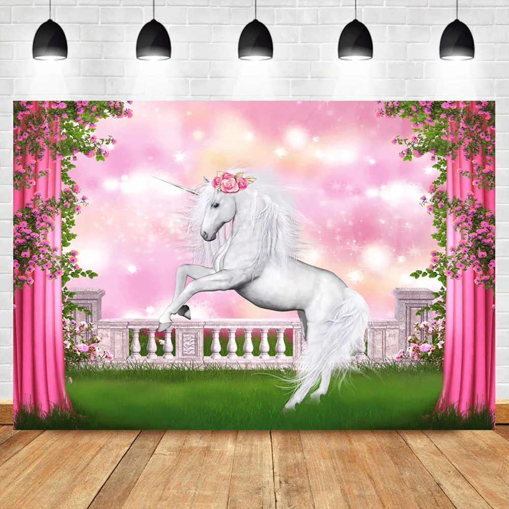 

NeoBacke Unicorn Backdrop Pink Flower Curtain Lawn Photography Background Glitter Bokeh Shiny Pink Photography Backdrops