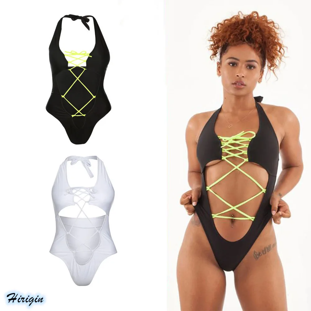 

Bandage One Piece Swimsuits 2019 New Sexy Women Summer Solid Halter Front Bandage Push-Up Padded Swimsuits