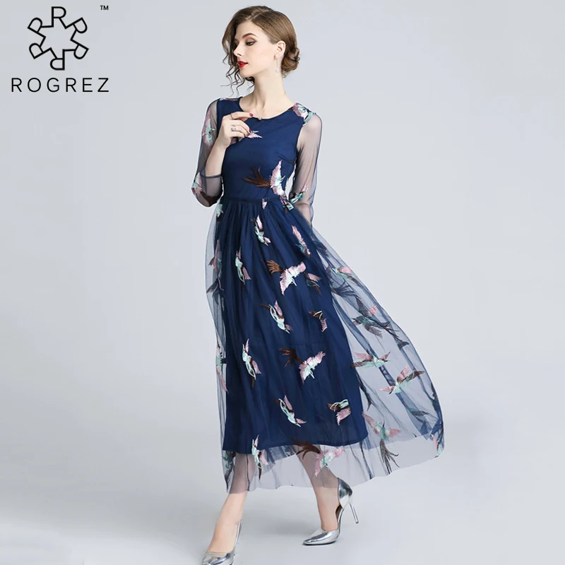 ROGREZ Blue женское элегантное платье Vestido полупрозрачное Сетчатое платье с длинным рукавом с рисунком птицы Повседневное платье с круглым вырезом длинное платье в стиле бохо