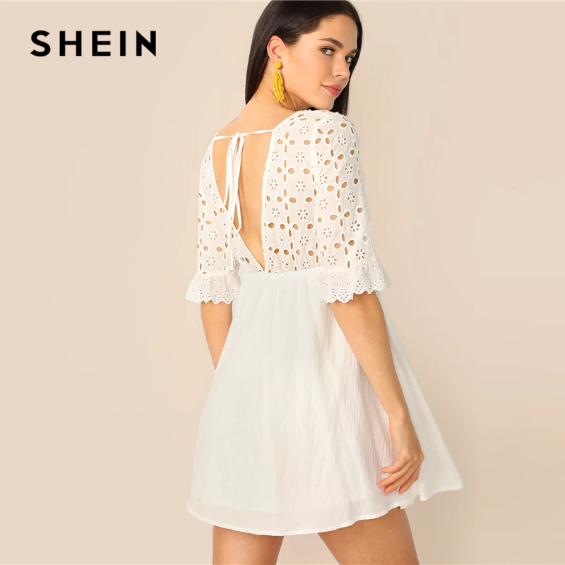 SHEIN Платье С Сеткой И V-Образным Вырезом Женское Летнее Белое Богемное Платье С Средним Рукавом И Оборками