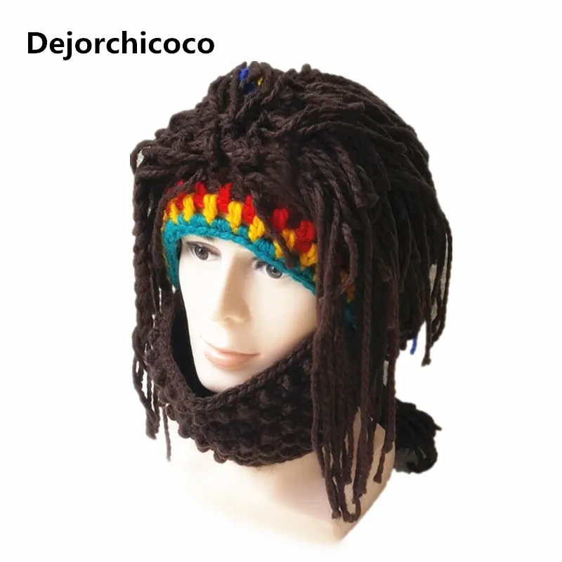 

2018 Wig Beard Hat Rasta Beanie Caveman Bandana Handmade Crocheted Gorro Winter Men's Halloween Costume Funny Birthday Gifts