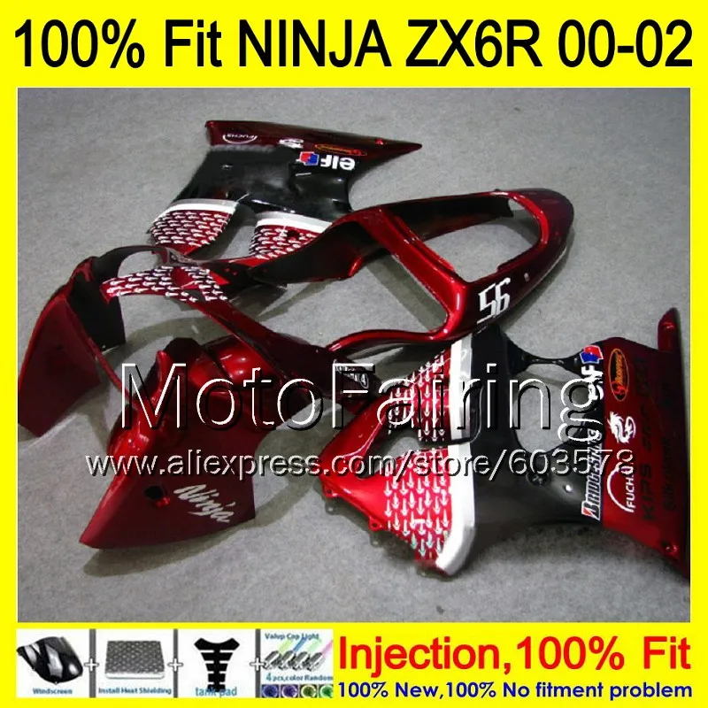 

8Gifts Injection mold Body For KAWASAKI NINJA ZX-6R 00-02 INJ185 ZX 6R ZX6R 00 01 02 ZX636 636 2000 2001 2002 Fairing red black