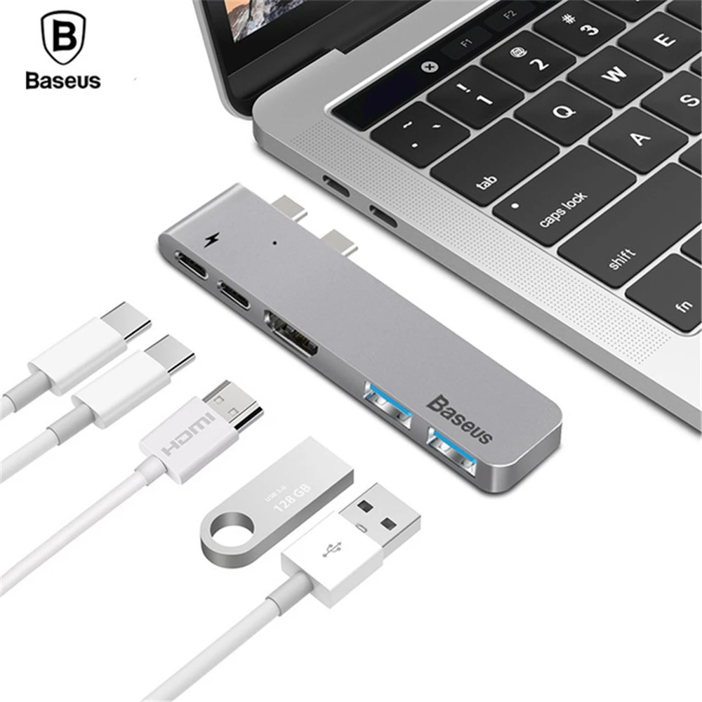 

Baseus Alloy 5-in-1 Dual USB-C USB C HUB with HDMI 4K 2 USB 3.0 2 Type C HUB Thunderbolt Type-C HUB for 2016/2017 Mackbook Pro
