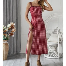 Summer Dress 2019 Women Vintage Polka Dot Spaghetti Strap Dress Sexy Boho Beach Side Split Sundress polka dot zip up side dress