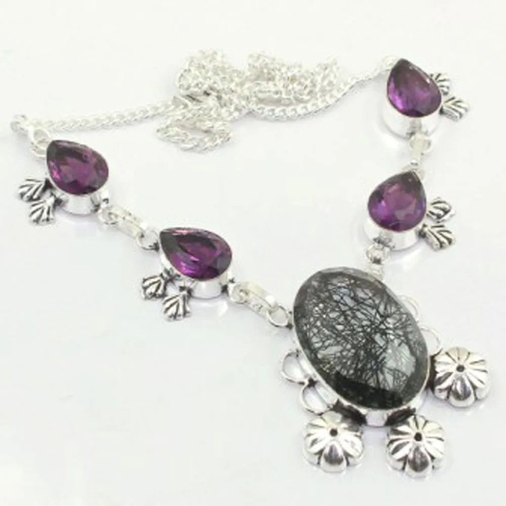 

Black Rutiles Quarts & Amethysts Necklace Silver Overlay over Copper, 48 cm, N3824