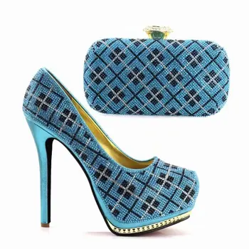 

High grade women sky blue pumps and bag set with lattice rhinestone design african shoes match handbag set for dress JJC950