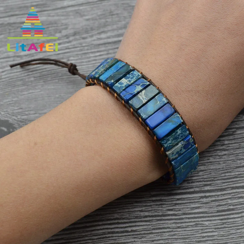 

Handmade Beaded Cuff Bangles Jewelry Dark Blue Natural Stones Leather Wrap Bracelets for Women Gift