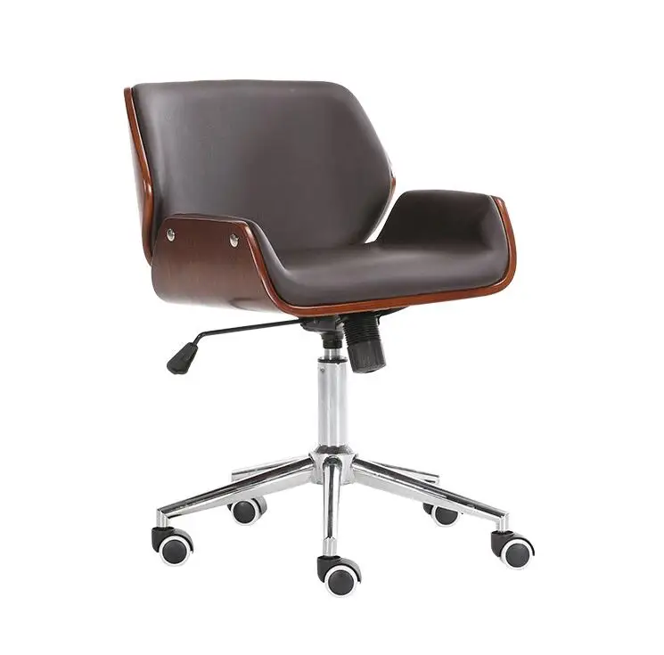 Mid-Back Bentwood Swivel Office Computer Chair PU Leather Office Furniture For Home,Conference Mid Century Adjustable Armchair
