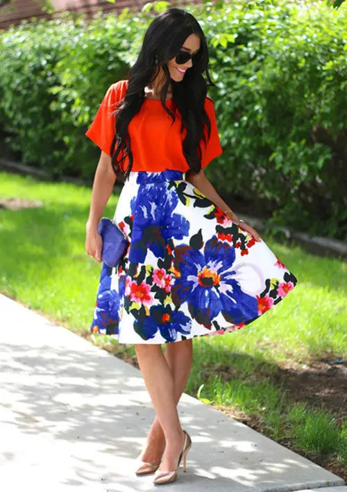 

New Fashion Women Vintage floral print Knee-Length skirt high waist Flared Pleated Skirt Elegant Womens Skirts