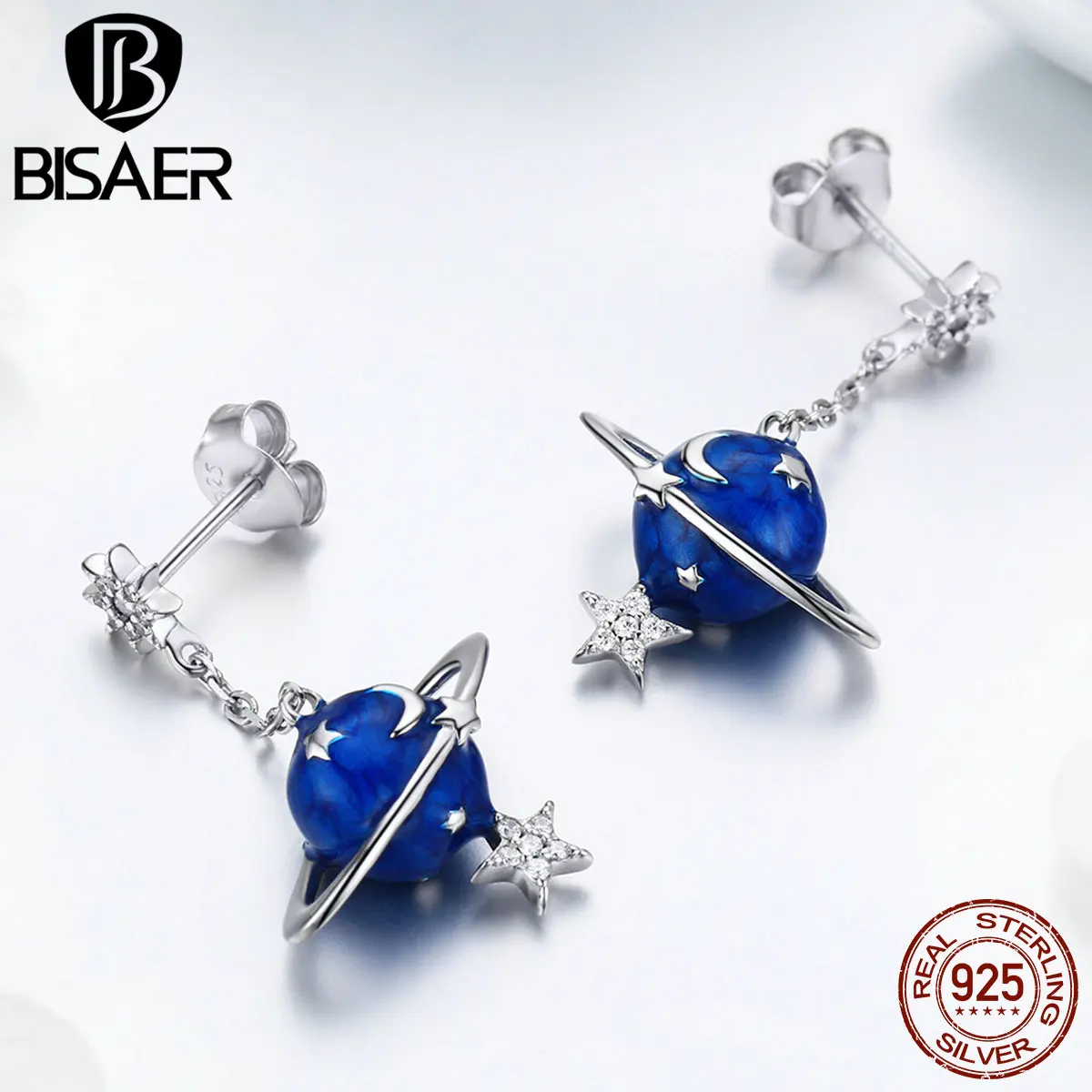 BISAER хит продаж 925 пробы Серьги гвоздики с серебряной планетой звездой Луной для