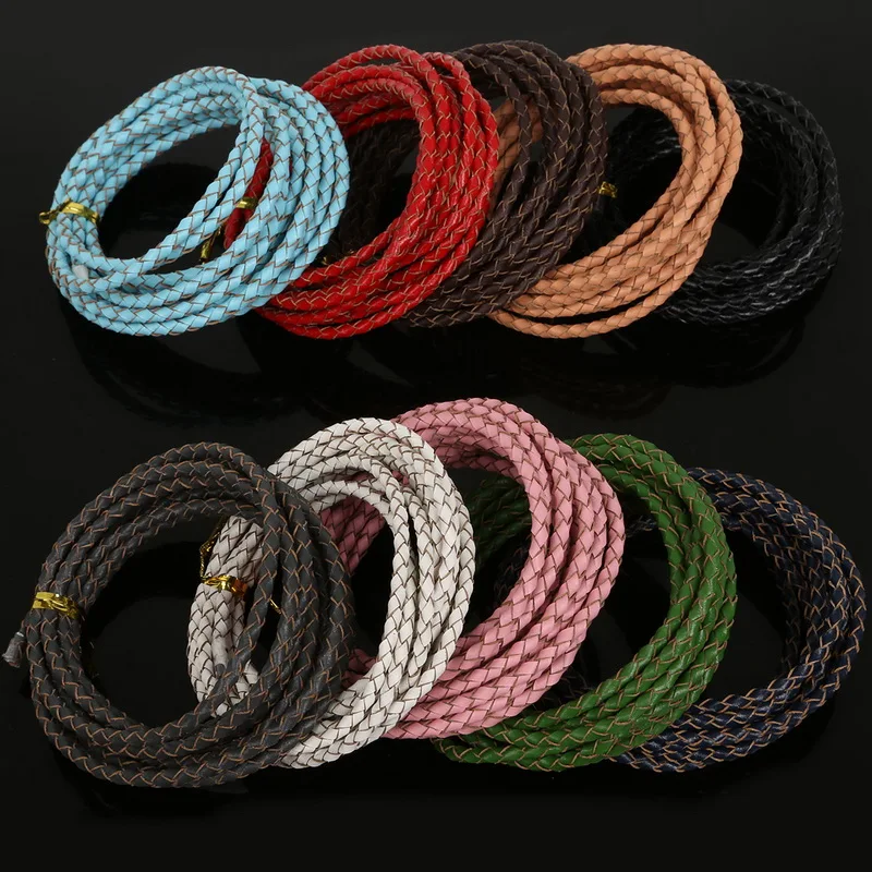 Dia 3mm Braided Genuine 2Meters Round Cord Real Leather Rope String ...