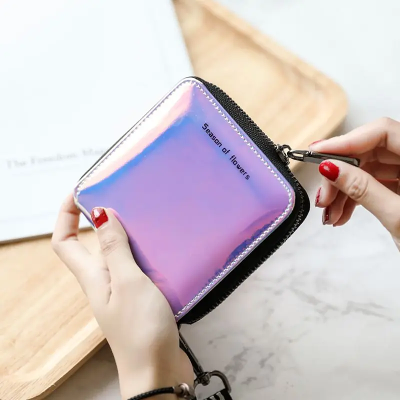 

Holographic Laser Women Leather Bifold Wallet Zipper Clutch Card Holder Purse Lady Wallet Girls 2019 Fashion Mini Coin Purse