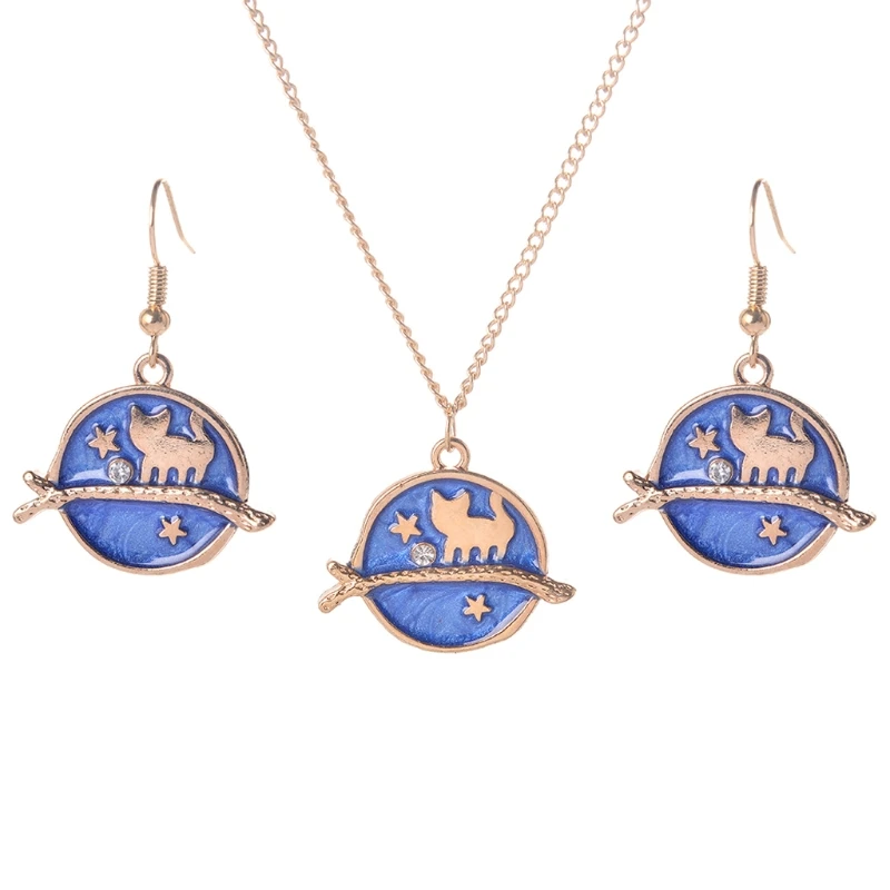 

Gifts Sales Elegant Luxury Starry Sky Cartoon Walking Kitten Cat Earrings Necklace Dreamlike Jewelry Set W77