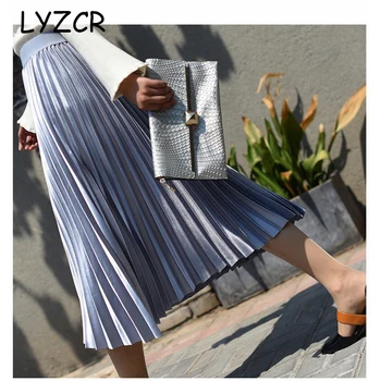 

LYZCR High Waist Pleated Skirt For Women 2019 Midi Long Loose High Waisted Skirts Womens A-Line Midi Skirt Faldas Mujer Saias