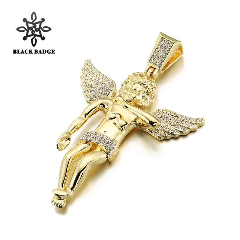 Hip Hop Jewelry Dancing Angel Pendant Wings Iced Out Full Zircon Gold