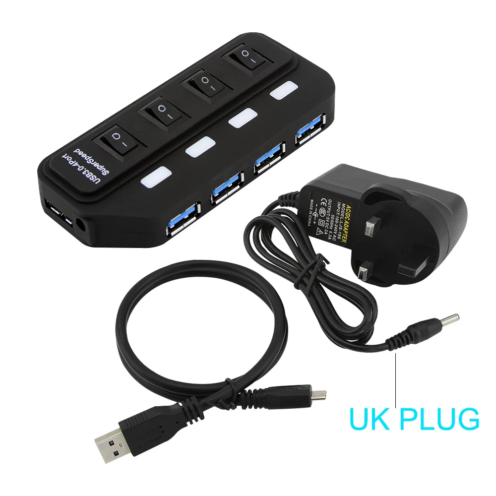 Firstmemory USB3.0 концентратор USB-A до 4/7 Порты и разъёмы USB3.0 на соответствие стандарту ЕС/США/AU/UK DC 5 V/2A Мощность адаптер светодиодный включения/выключения разветвитель для портативных ПК - Цвет: 4 Ports With UK Plug
