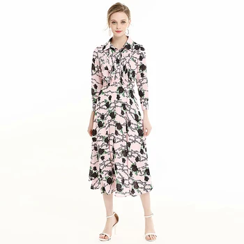 

XF Europe And America Girl Casual Shirt Dress Pleated Front Buttoned Spring And Autumn Fashion Elegant Black Rose Print Ruffle