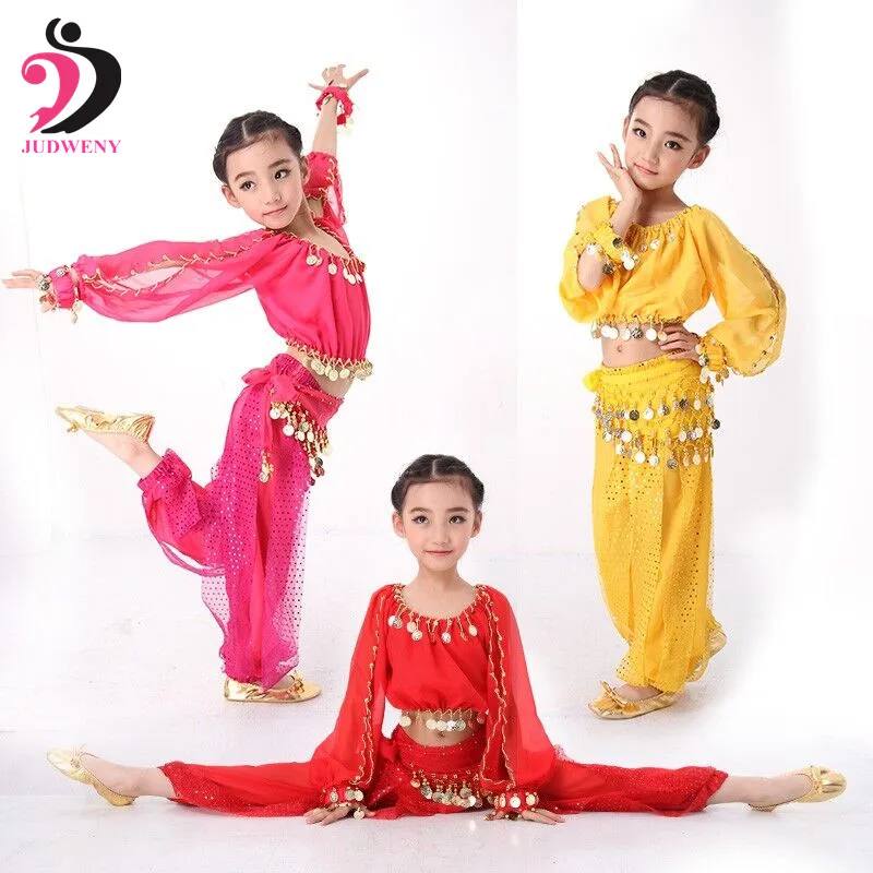 

3 Colors Plus Size Indian Long Sleeves Kids Belly Dance Costume Hip Scarf with Sequin Bollywood Costumes Girls Isis Dancewear