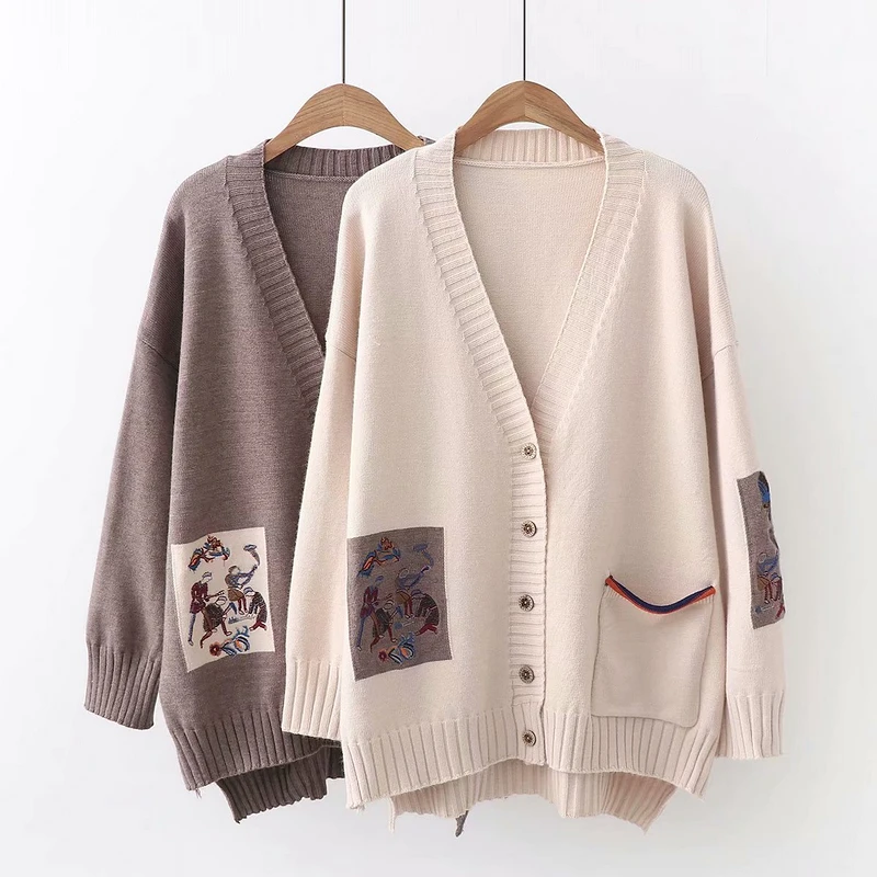 Осенне-зимний Повседневный милый кардиган, свитер для женщин, свободный вышитый контрастный цвет, v-образный вырез, женский свитер, пальто Mori Girl U254