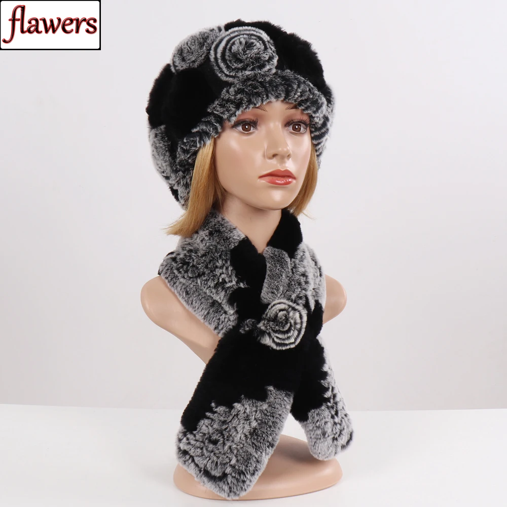 

New Winter Flowers Real Rex Rabbit Fur Scarf Hat Set Lady Knitted Real Fur Hats Scarves Good Elastic Natural Fur Mufflers Caps