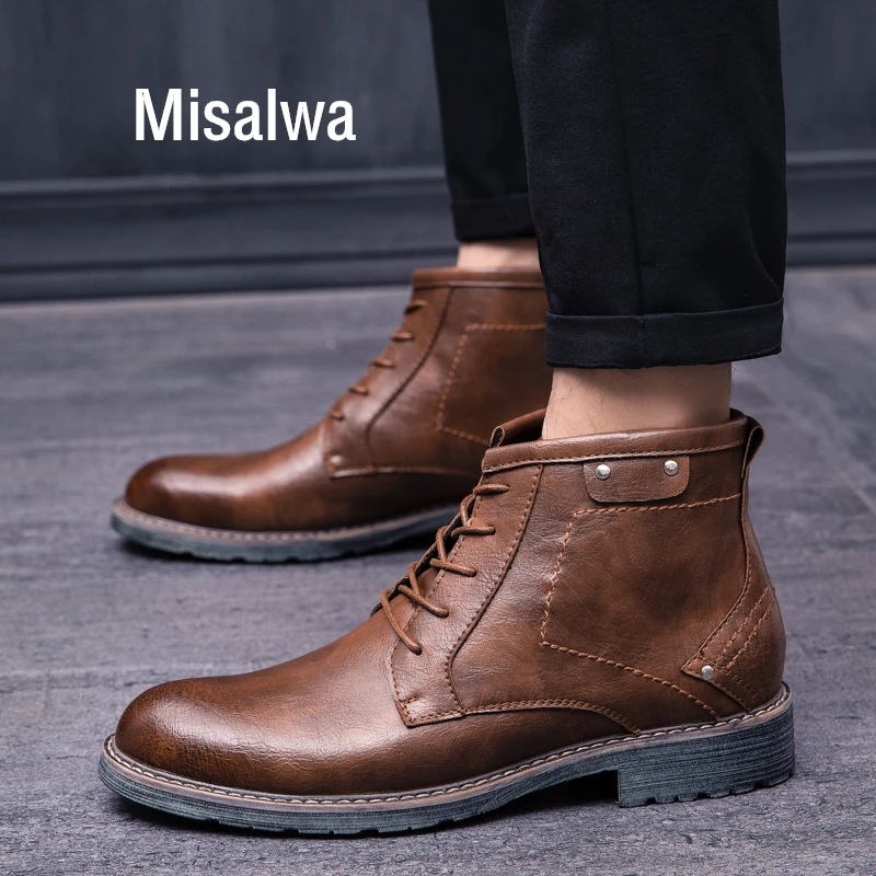 

Misalwa Vintage Mens Casual Boots Lace-up Oxford Upgrade Motorcycle Boots Comfort Work Footwear Rome Waterproof Male Ankle Boots