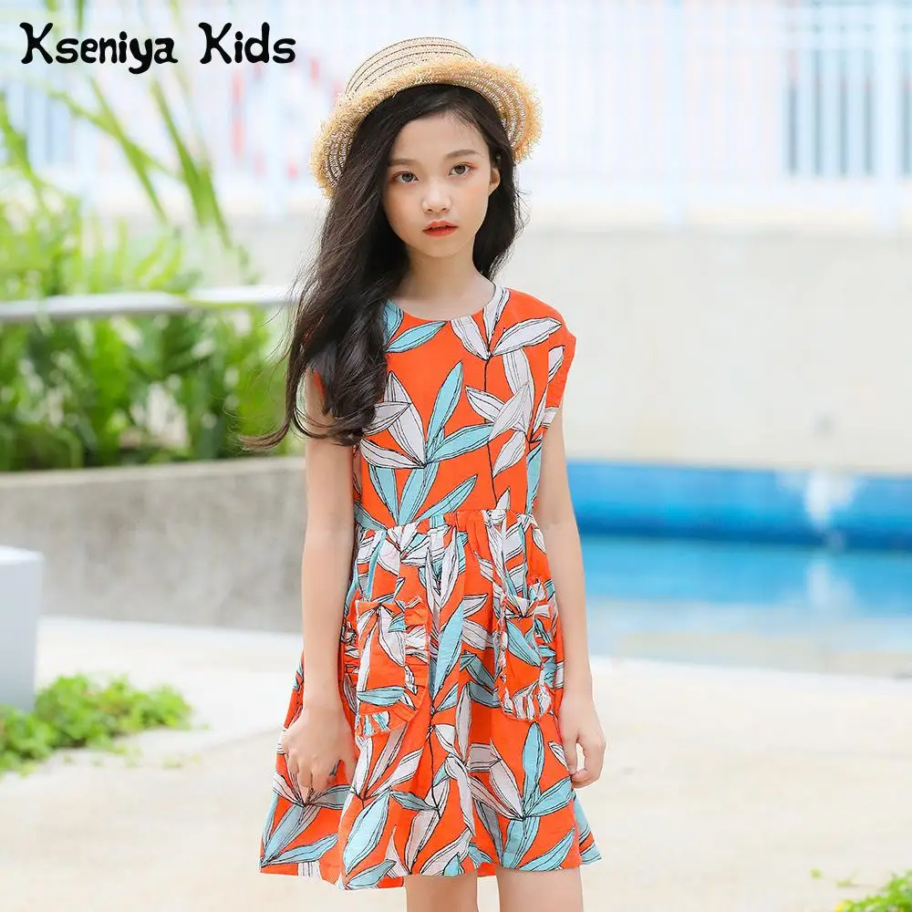 

Kseniya Kids Summer Children Big Girl Casual Pattern A-line Sleeveless Floral Flower Princess Cotton Dress Clothes 6 Years Girls