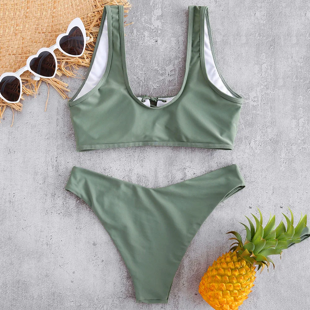 Günstig ZAFUL Scoop Lace Up Bikini Set 2019 Bademode Scoop Neck Gepolsterte Badeanzug Frauen Solide Grund Badeanzug Sexy Push Up badeanzug