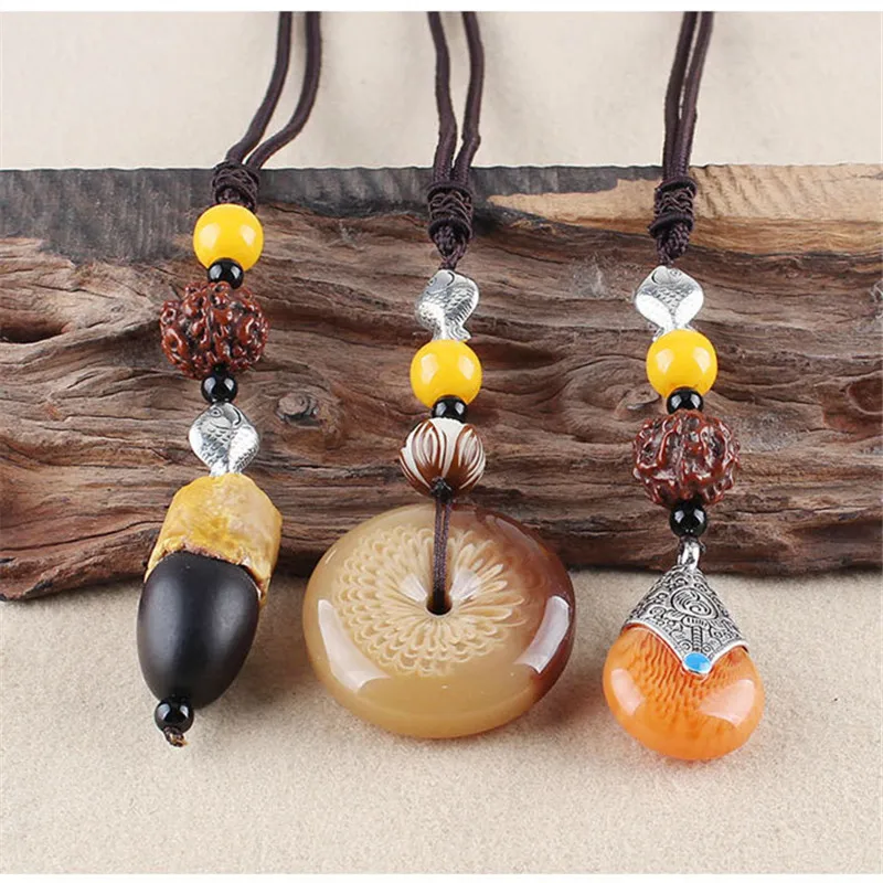 

New Arrival Long Sweather Wood Necklace Bohemian Style Stone Beeswax Bodhi Pendant Jewelry For Lady