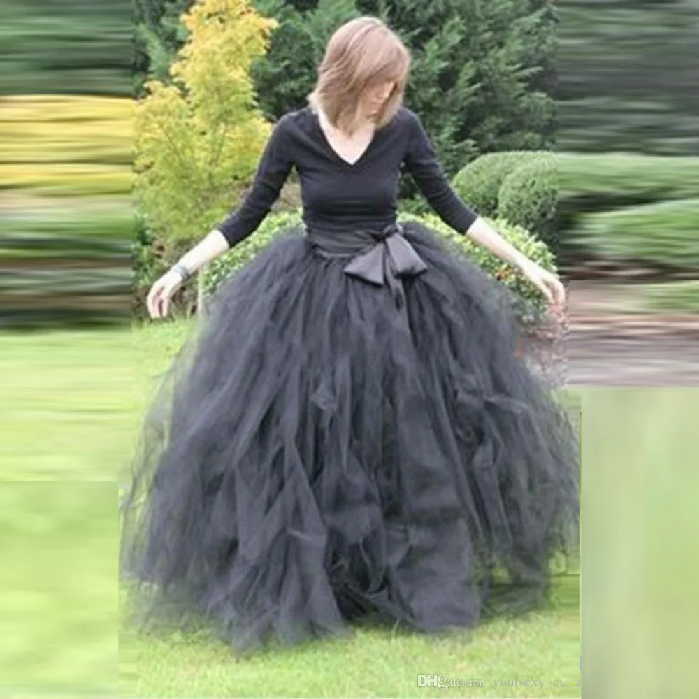 

Dark Gray Tulle Skirt Adult Puffy Maxi Skirts Long Elegant Elastic Waist Multi Layers A Line Floor Length Women Skirt With Bow