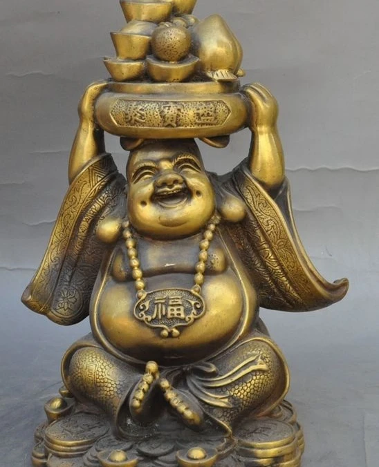

china bronze wealth Treasure bowl yuanbao Sit coin Happy Maitreya Buddha Statue
