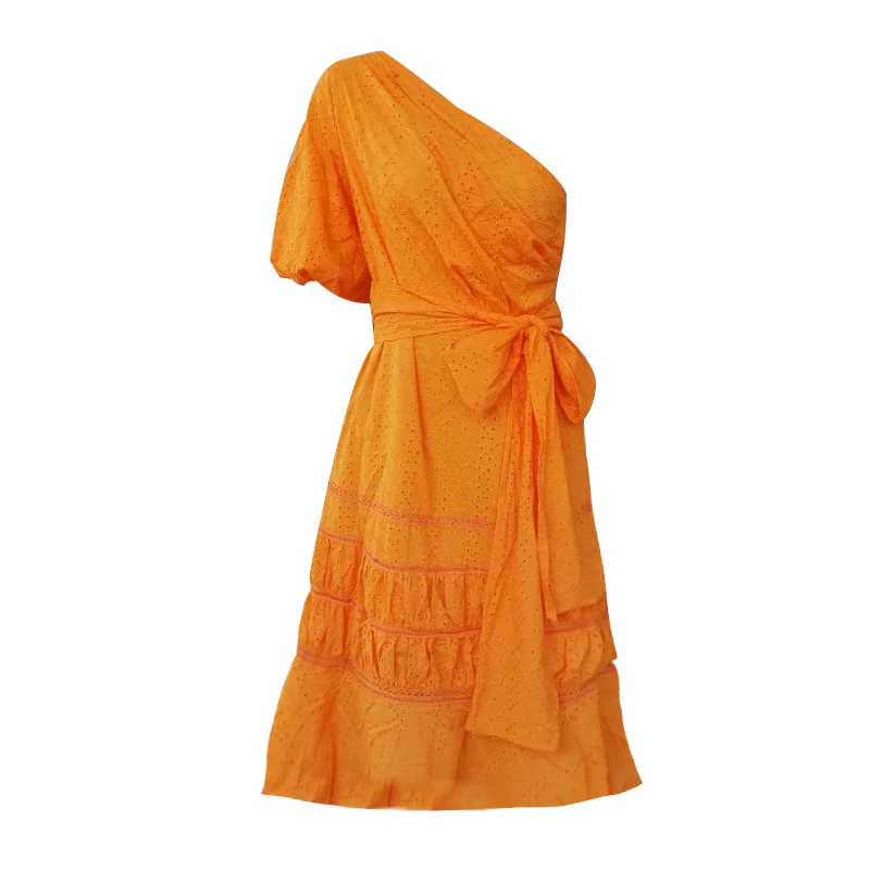 Новая летняя женская одежда Хлопковое платье оранжевое без бретелек на одно плечо с коротким рукавом открытое праздничное белое платье для женщин