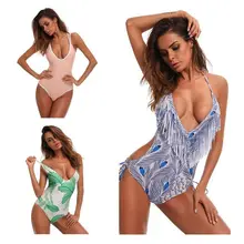 

2018 New Brazilian Sexy Deep V Swimsuit Women Print Bodysuit One Piece Padded Push Up Bandage Backless Beachwear Floral Monokini