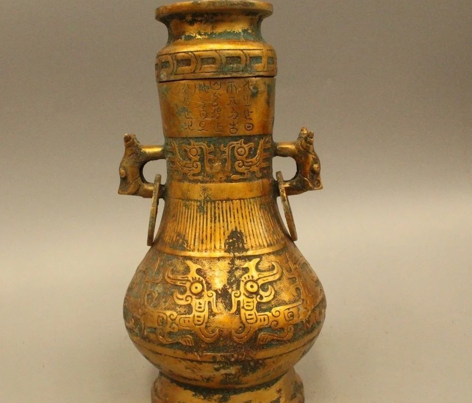 

13" Ancient Chinese Dynasty Palace Old Bronze Gild Bird Beast Flower Bottle Vase