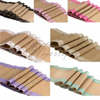 

5Pcs/Lot Vintage Burlap Lace Hessian Table Runner Classical Natural Jute Country Party Wedding Decoration 12x108" Table Cloth 9#
