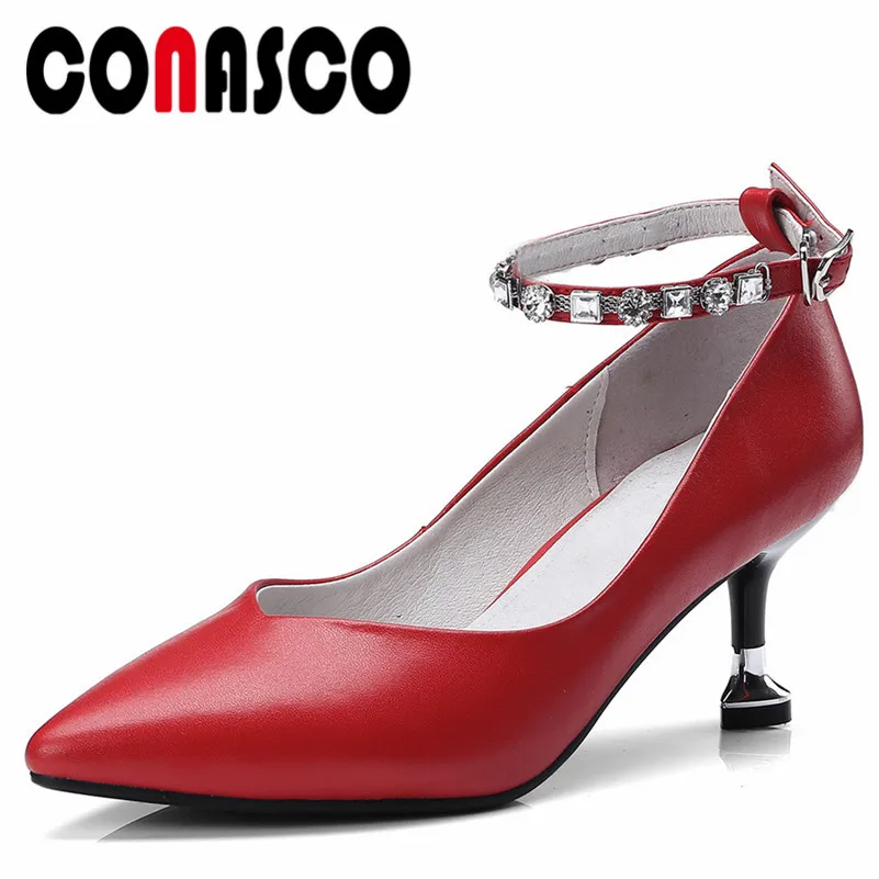 

CONASCO Fashion Women Pointed Toe Genuine Leather Shoes Woman Rhinestone Buckles Wedding Party Shoes Prom Pumps New Sexy Shoes