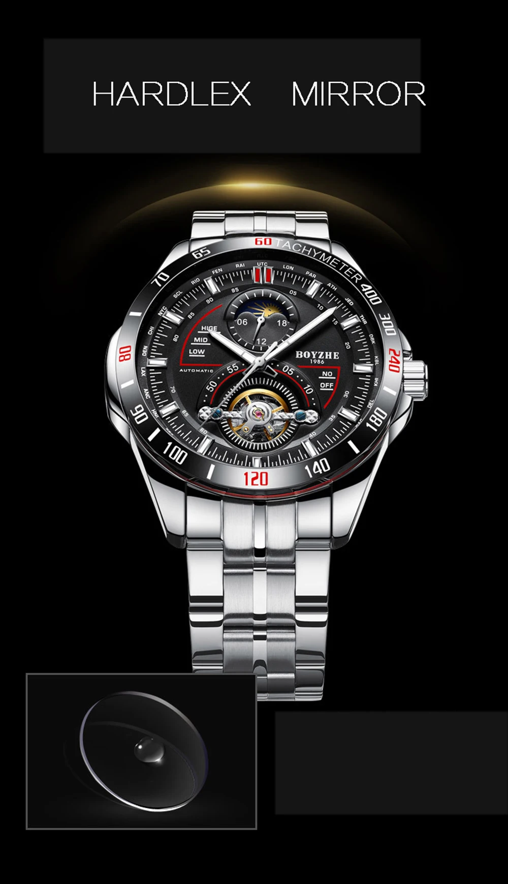 BOYZHE Роскошные мужские автоматические деловые часы водонепроницаемые механические наручные часы модные стальные часы спортивные наручные часы Reloj Hombre