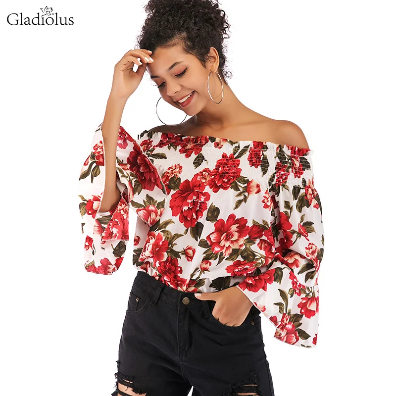 

Gladiolus Sexy Off Shoulder 2019 Spring Autumn Blouses Women Full Flare Sleeve Floral Print Chiffon Blouse Shirt Women's Tops