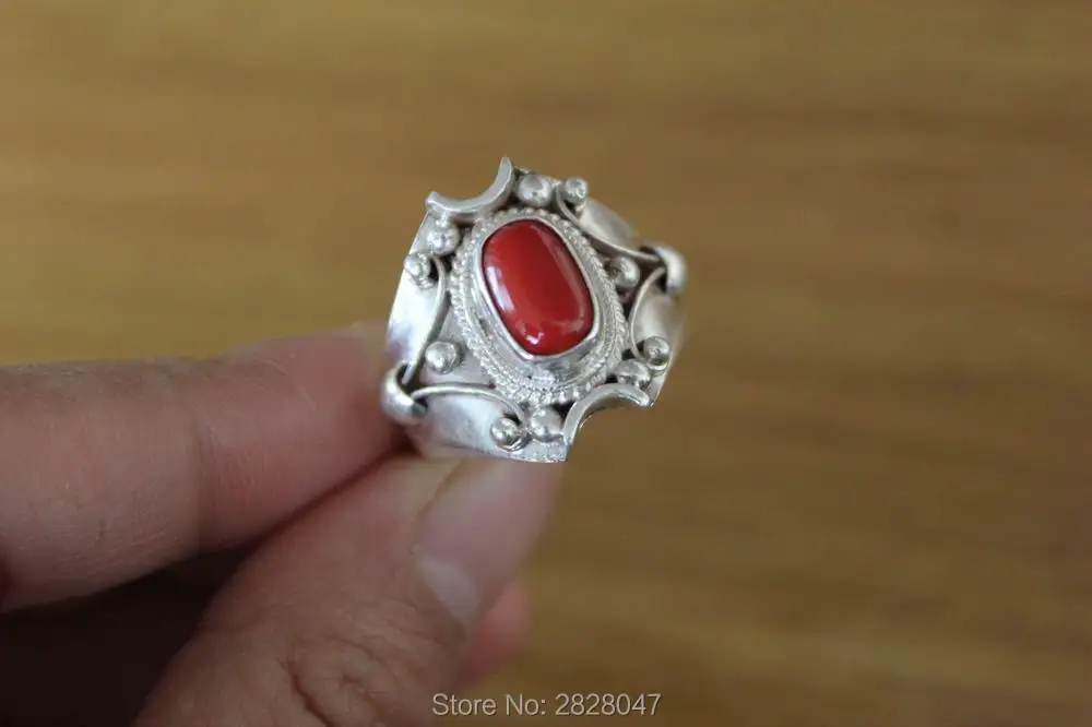 SL041 Nepal Jewelry Sterling Silver 925 Coral Ring Ethnic Tibetan 925