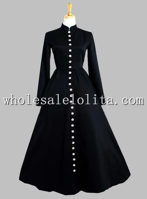 Готический Черный Тайский Шелк Кнопка в Передней Victorian Era Dress