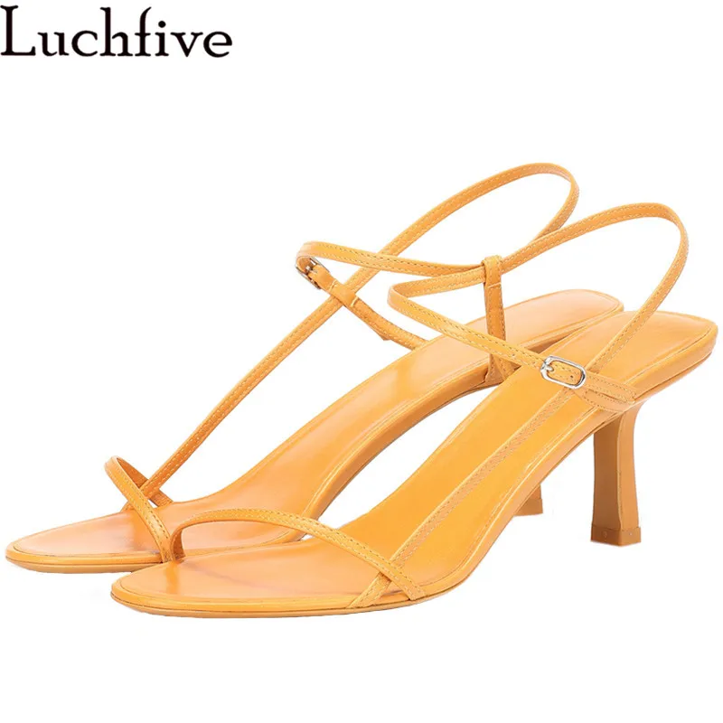 

Luchfive Sexy Narrow Bands Sandals Women Runway Design Sheepskin Strap High Heels Ankle Buckle Strap Summer Shoes Woman Black