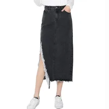 MORUANCLE женские модные длинные джинсовые юбки сплит леди джинсы макси юбка для леди черная с кисточкой неправильный размер S-L