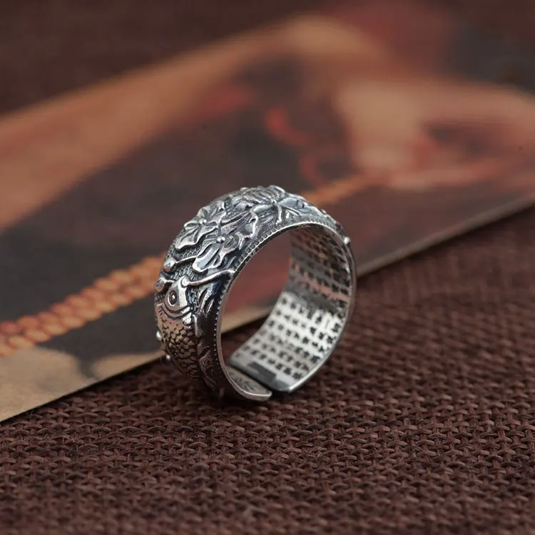 925 пробы Серебряное цветочное кольцо Рыба Настоящее S925 тайское серебряное кольцо для женщин ювелирное изделие мужской регулируемый размер - Цвет основного камня: ring A