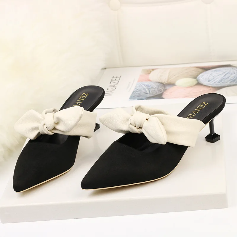 

Spring Women's Sandals Flock Pointed Toe Butterfly-knot Solid Heels Pumps Stiletto Hollow 5.5CM Black Pink Summer Slippers 2019