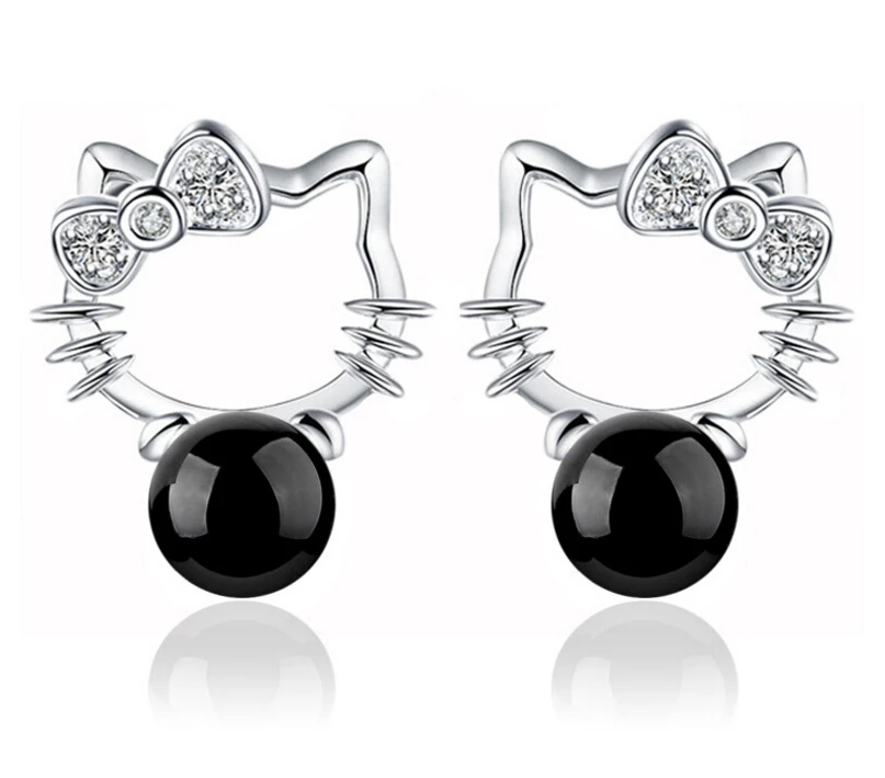 black Anenjery pendientes 925 пробы, серебряные, красные, черные серьги-гвоздики с лунным камнем и кристаллами в виде кота для женщин brincos S-E82 - Окраска металла: black
