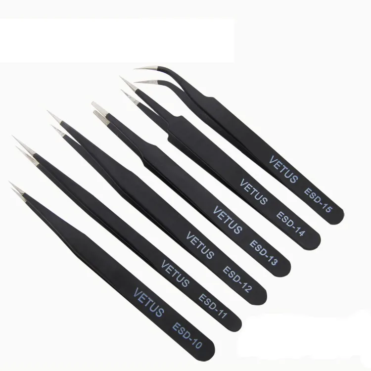 6 pcs Pointed Stainless Steel Tweezer Kit ESD Safe Tweezers Anti Static